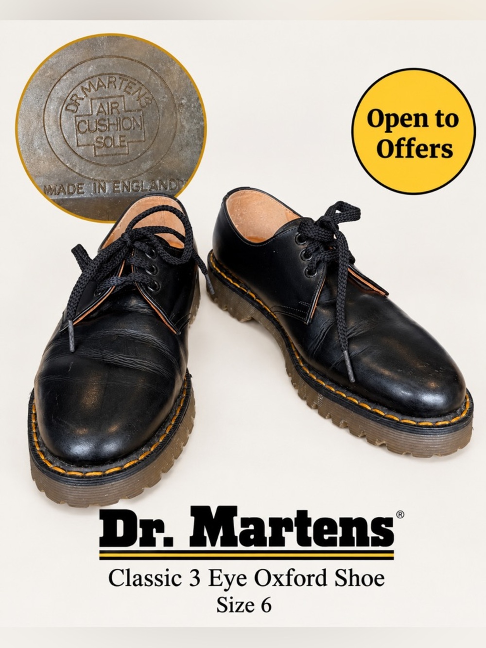 Dr. Martens Made in England Classic 3-Eye Oxford Shoes – Size 6